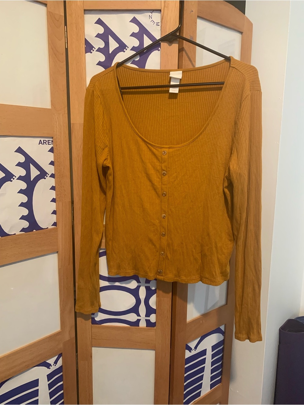 Women's Ribbed Button-Front Long Sleeve Top - Mustard